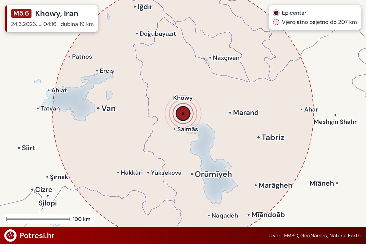 Karta: šire područje i vjerojatni doseg osjeta, potres M5,6, Khowy, Iran, 24.3.2023.