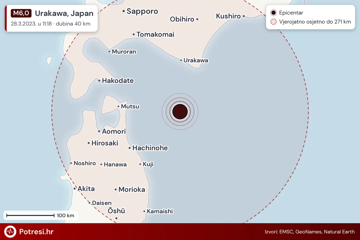 Karta: šire područje i vjerojatni doseg osjeta, potres M6,0, Urakawa, Japan, 28.3.2023.