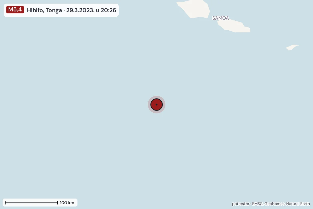 Karta: šire područje, 600 km, potres M5,4, Hihifo, Tonga, 29.3.2023.