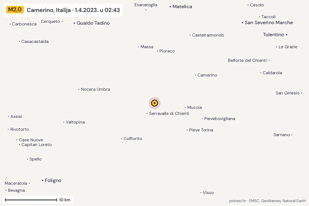 Karta: okolica epicentra, 60 km, potres M2,0, Camerino, Italija, 1.4.2023.