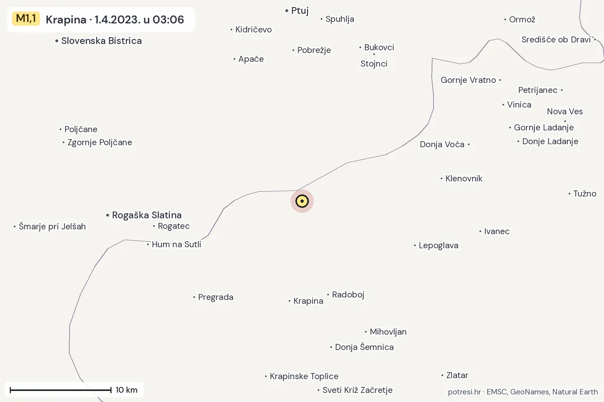 Karta: okolica epicentra, 60 km, potres M1,1, Krapina, 1.4.2023.