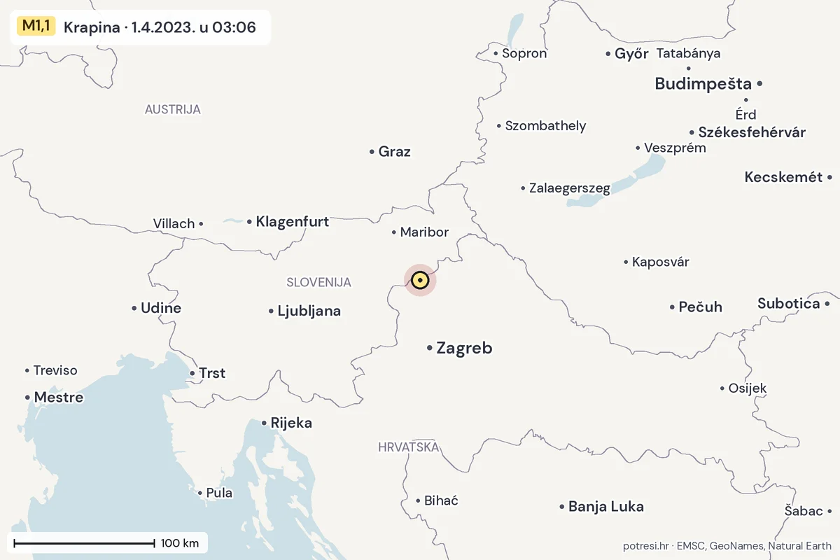 Karta: šire područje, 600 km, potres M1,1, Krapina, 1.4.2023.