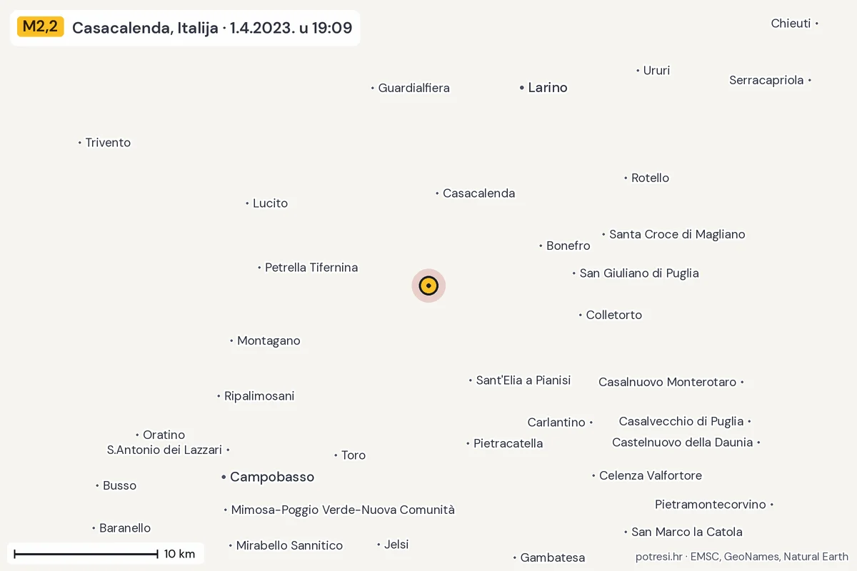 Karta: okolica epicentra, 60 km, potres M2,2, Casacalenda, Italija, 1.4.2023.