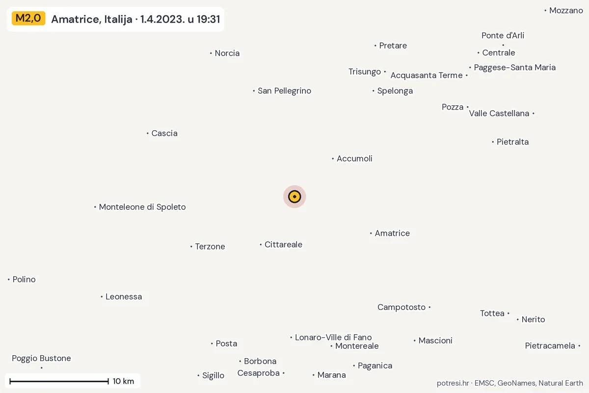 Karta: okolica epicentra, 60 km, potres M2,0, Amatrice, Italija, 1.4.2023.