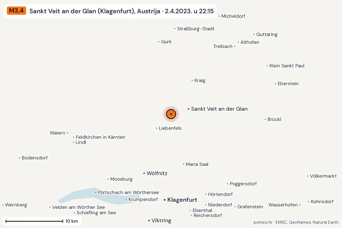 Karta: okolica epicentra, 60 km, potres M3,4, Sankt Veit an der Glan (Klagenfurt), Austrija, 2.4.2023.