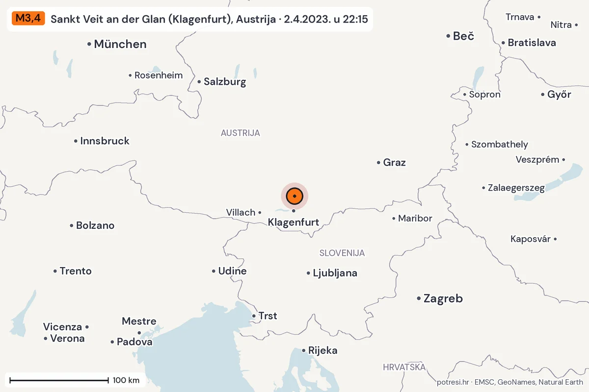 Karta: šire područje, 600 km, potres M3,4, Sankt Veit an der Glan (Klagenfurt), Austrija, 2.4.2023.