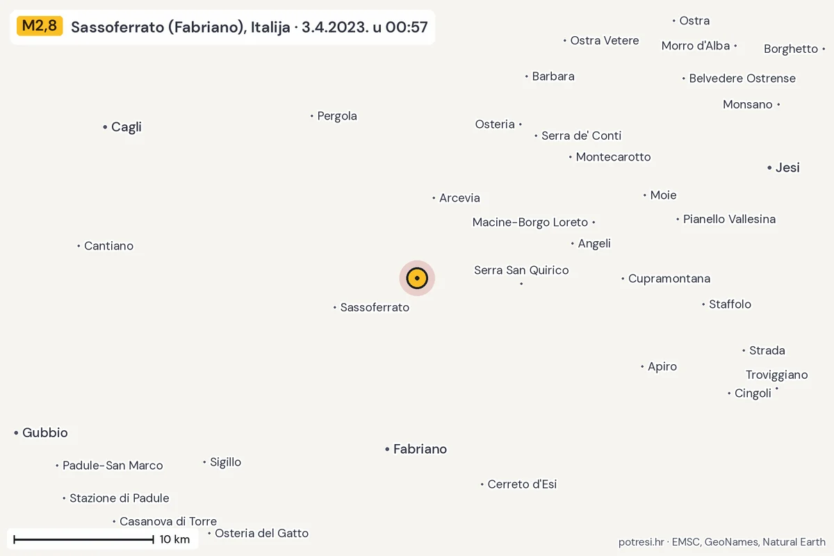 Karta: okolica epicentra, 60 km, potres M2,8, Sassoferrato (Fabriano), Italija, 3.4.2023.