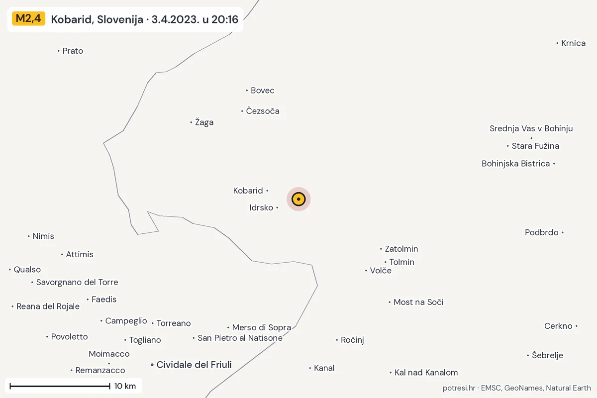 Karta: okolica epicentra, 60 km, potres M2,4, Kobarid, Slovenija, 3.4.2023.