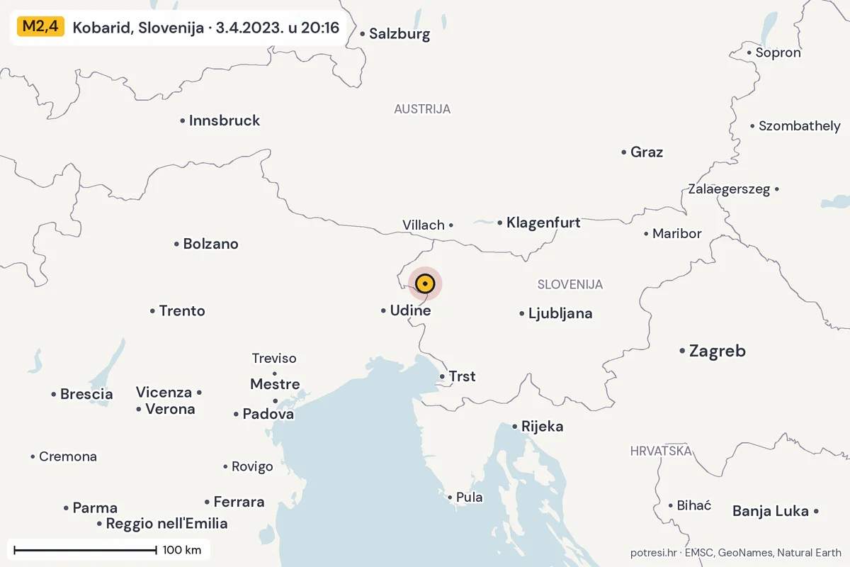 Karta: šire područje, 600 km, potres M2,4, Kobarid, Slovenija, 3.4.2023.