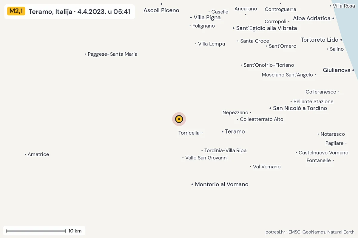 Karta: okolica epicentra, 60 km, potres M2,1, Teramo, Italija, 4.4.2023.