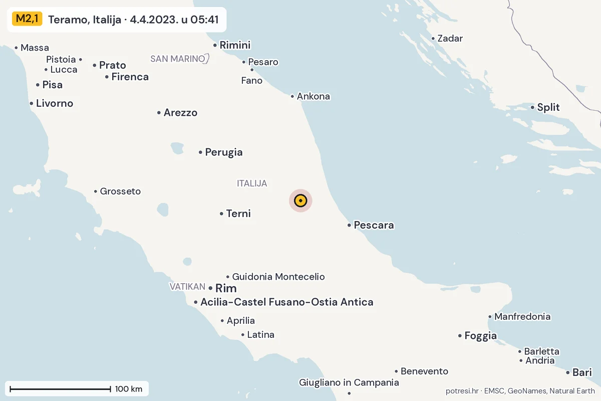 Karta: šire područje, 600 km, potres M2,1, Teramo, Italija, 4.4.2023.