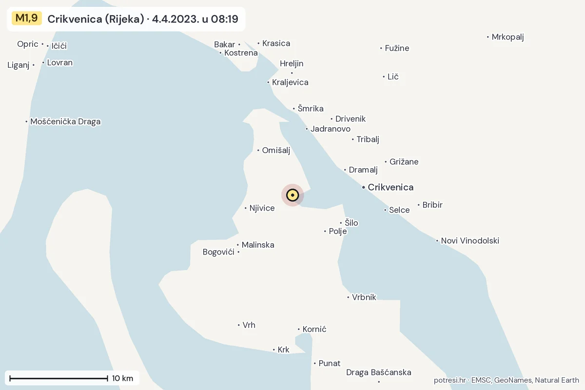 Karta: okolica epicentra, 60 km, potres M1,9, Crikvenica (Rijeka), 4.4.2023.