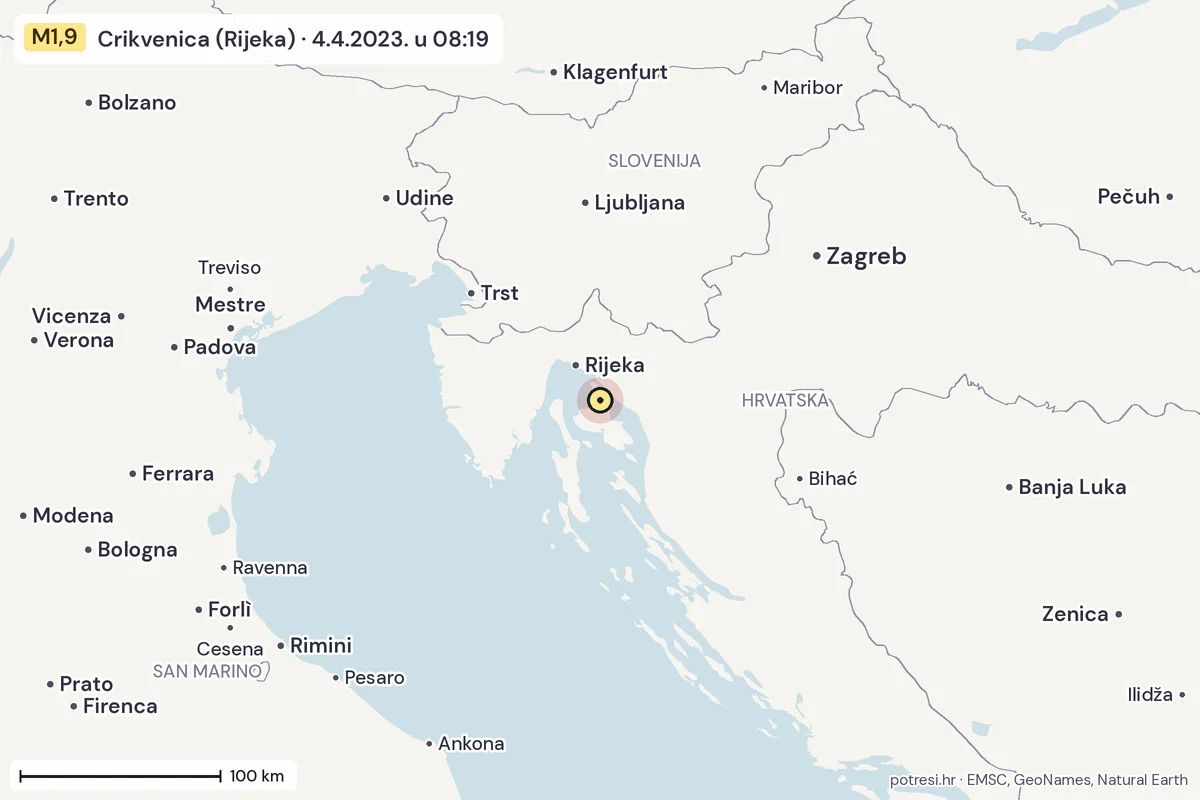 Karta: šire područje, 600 km, potres M1,9, Crikvenica (Rijeka), 4.4.2023.