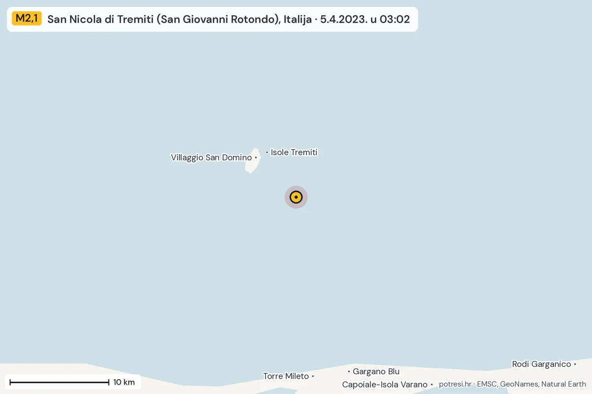 Karta: okolica epicentra, 60 km, potres M2,1, San Nicola di Tremiti (San Giovanni Rotondo), Italija, 5.4.2023.