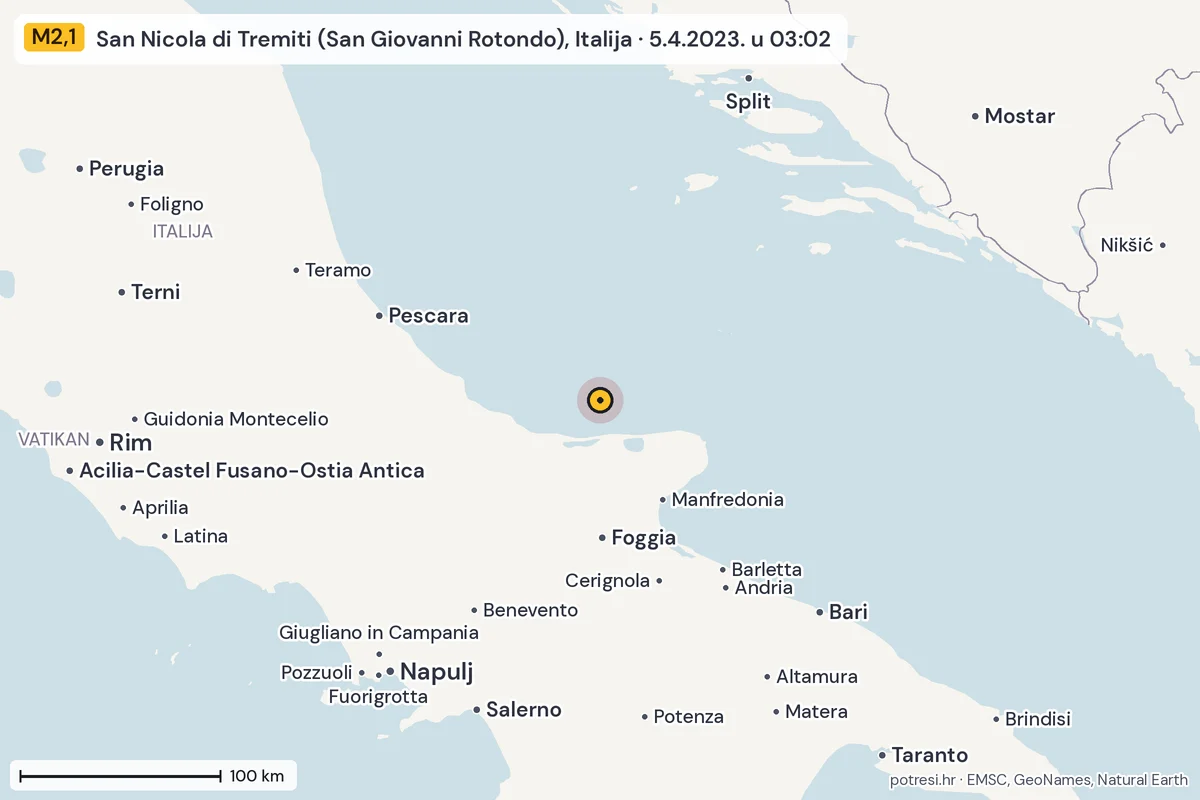 Karta: šire područje, 600 km, potres M2,1, San Nicola di Tremiti (San Giovanni Rotondo), Italija, 5.4.2023.