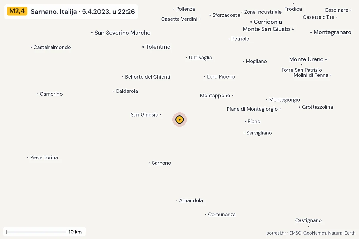 Karta: okolica epicentra, 60 km, potres M2,4, Sarnano, Italija, 5.4.2023.