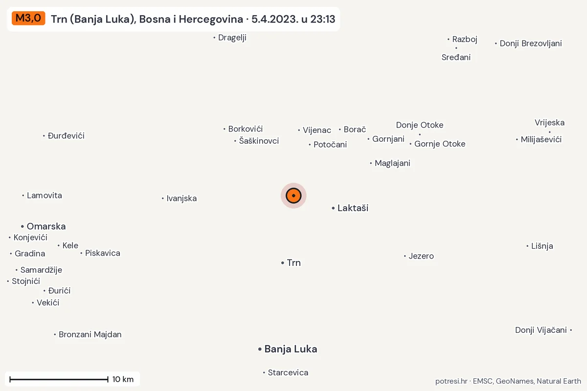 Karta: okolica epicentra, 60 km, potres M3,0, Trn (Banja Luka), Bosna i Hercegovina, 5.4.2023.