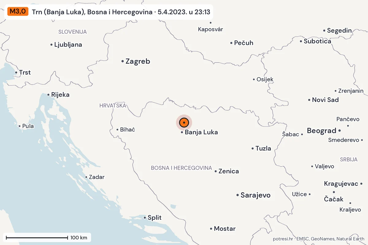 Karta: šire područje, 600 km, potres M3,0, Trn (Banja Luka), Bosna i Hercegovina, 5.4.2023.