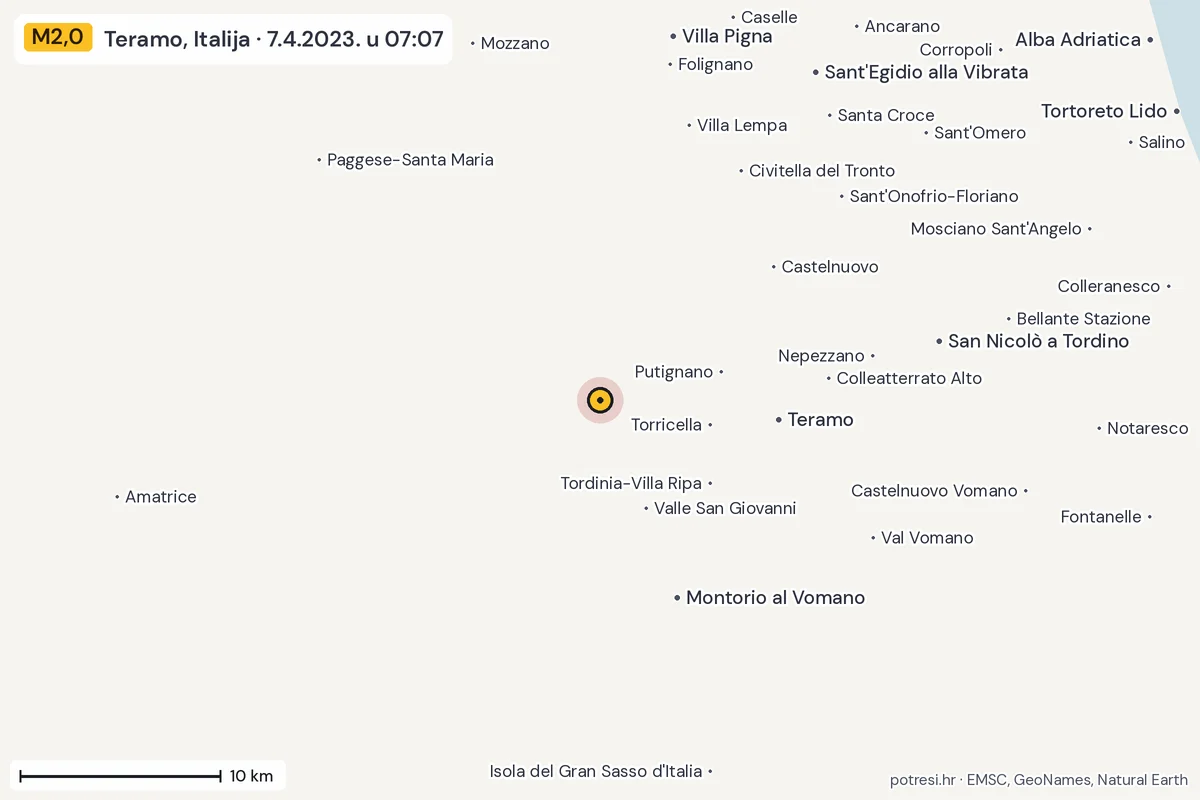 Karta: okolica epicentra, 60 km, potres M2,0, Teramo, Italija, 7.4.2023.