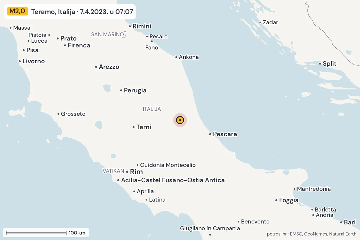Karta: šire područje, 600 km, potres M2,0, Teramo, Italija, 7.4.2023.