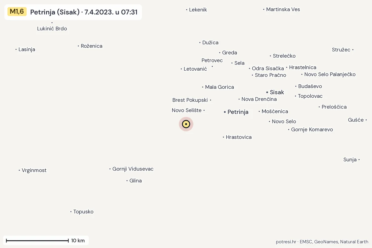 Karta: okolica epicentra, 60 km, potres M1,6, Petrinja (Sisak), 7.4.2023.
