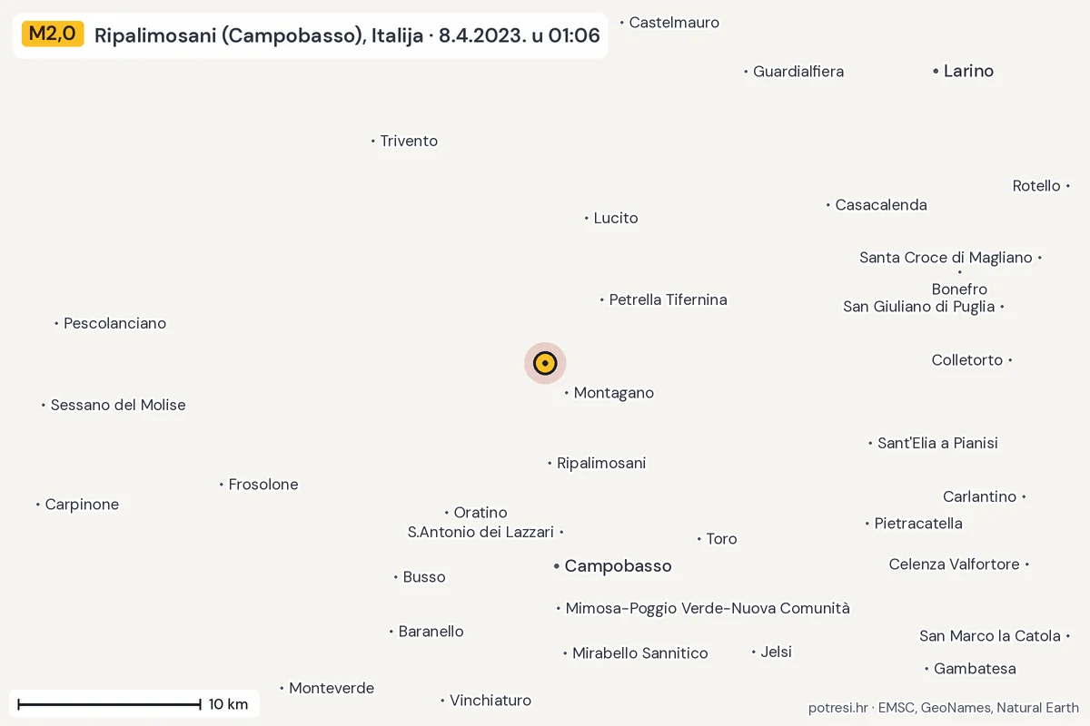 Karta: okolica epicentra, 60 km, potres M2,0, Ripalimosani (Campobasso), Italija, 8.4.2023.