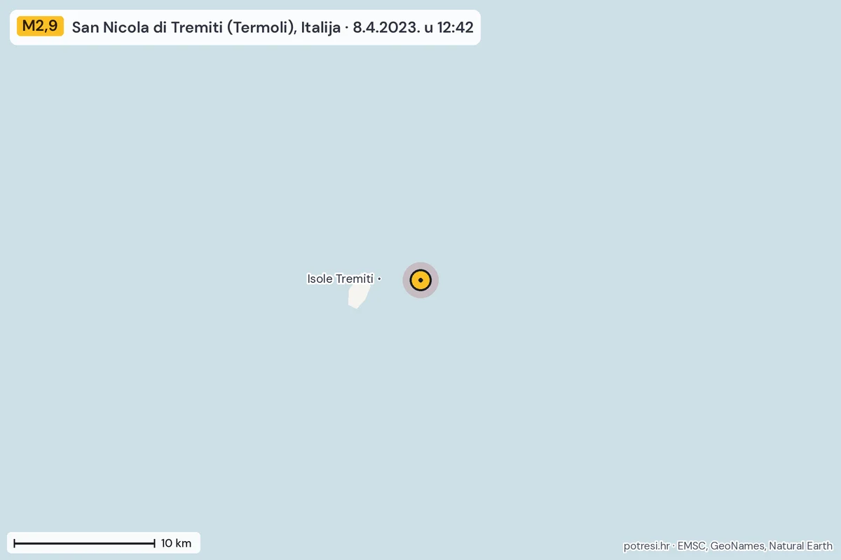 Karta: okolica epicentra, 60 km, potres M2,9, San Nicola di Tremiti (Termoli), Italija, 8.4.2023.