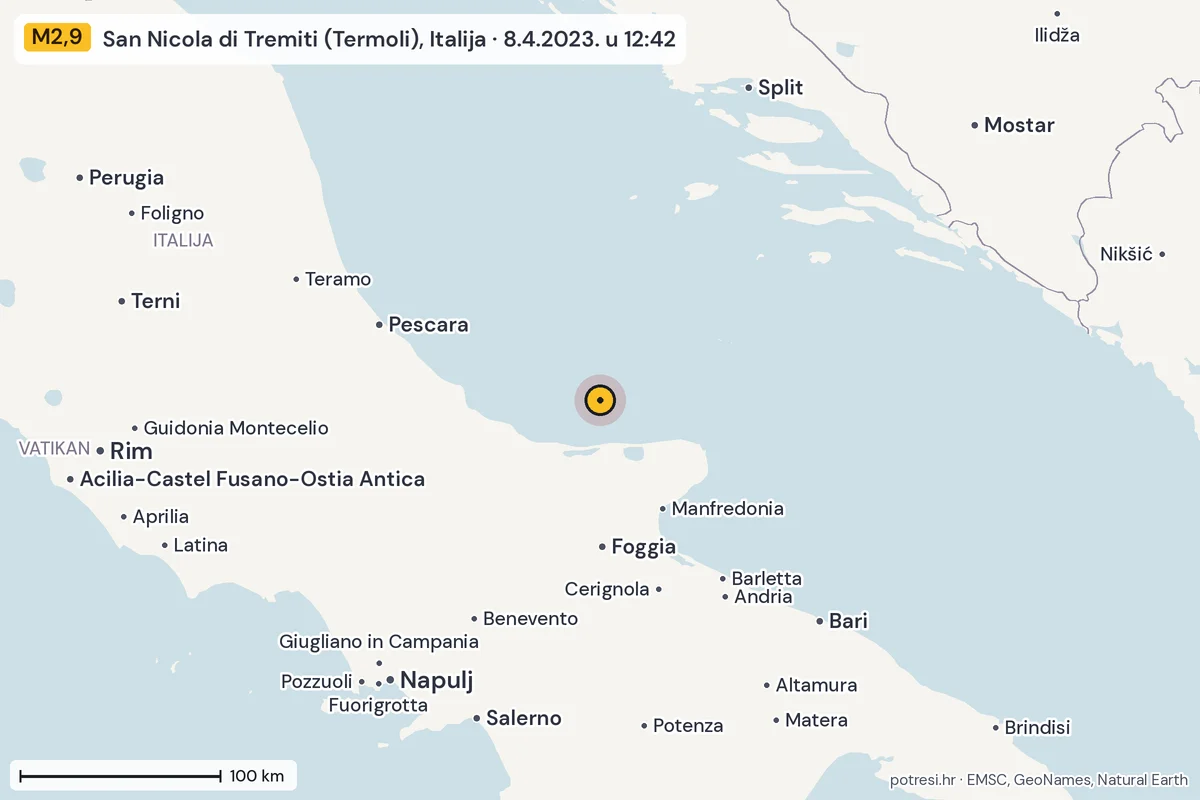 Karta: šire područje, 600 km, potres M2,9, San Nicola di Tremiti (Termoli), Italija, 8.4.2023.