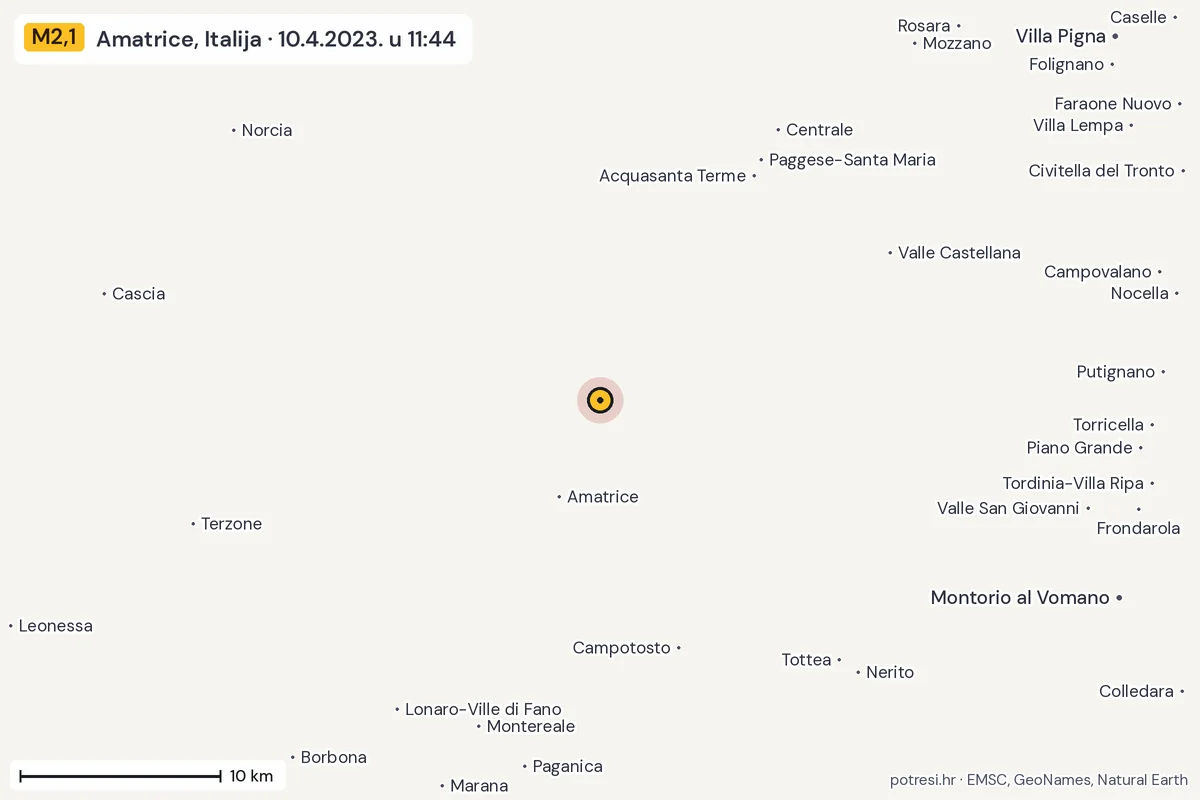 Karta: okolica epicentra, 60 km, potres M2,1, Amatrice, Italija, 10.4.2023.