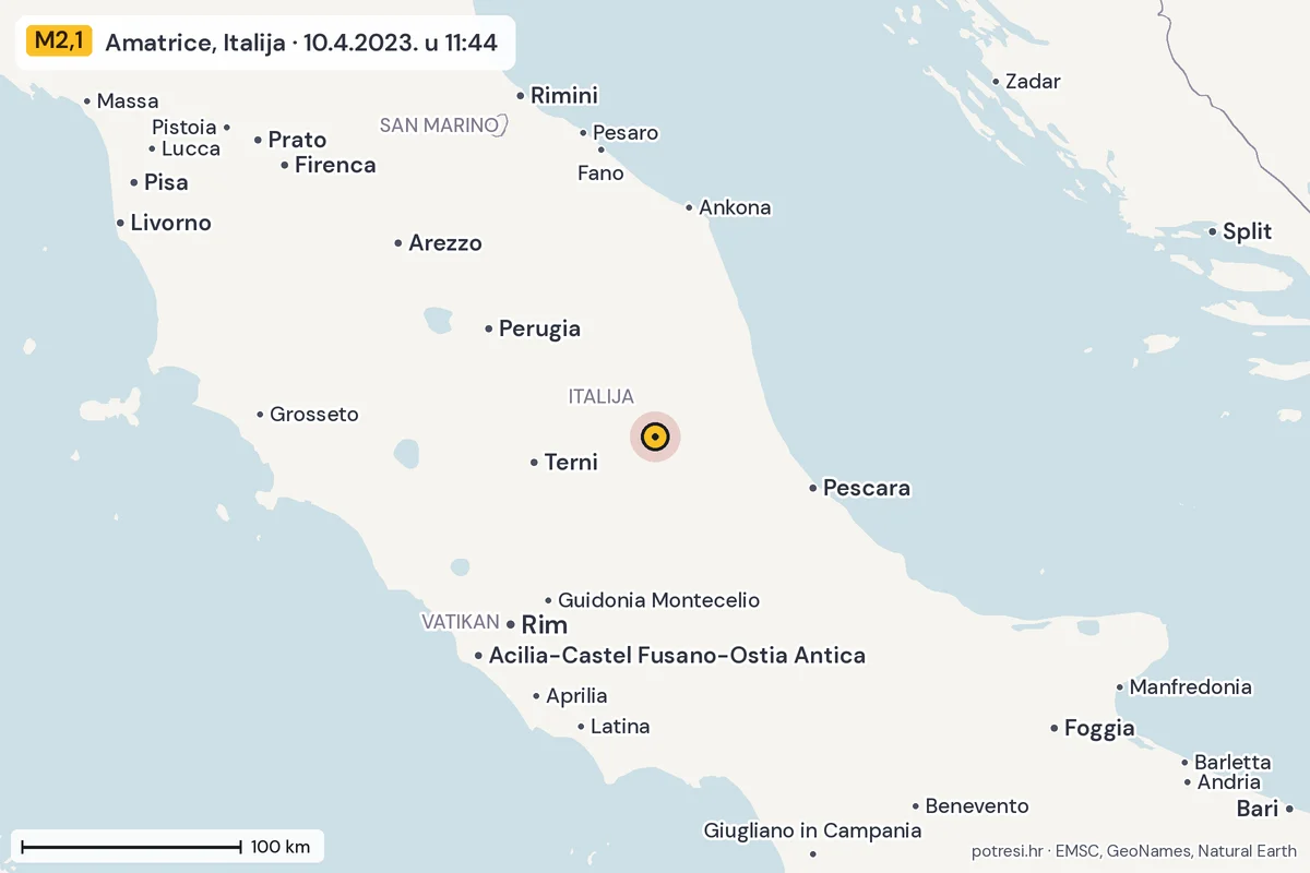 Karta: šire područje, 600 km, potres M2,1, Amatrice, Italija, 10.4.2023.