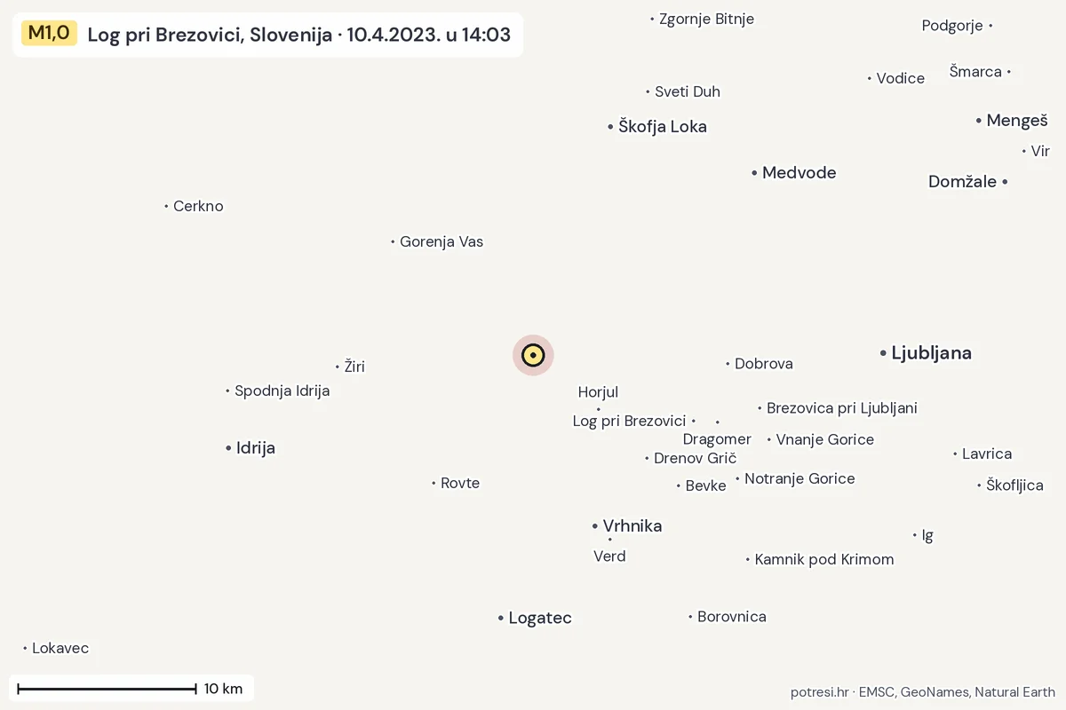 Karta: okolica epicentra, 60 km, potres M1,0, Log pri Brezovici, Slovenija, 10.4.2023.