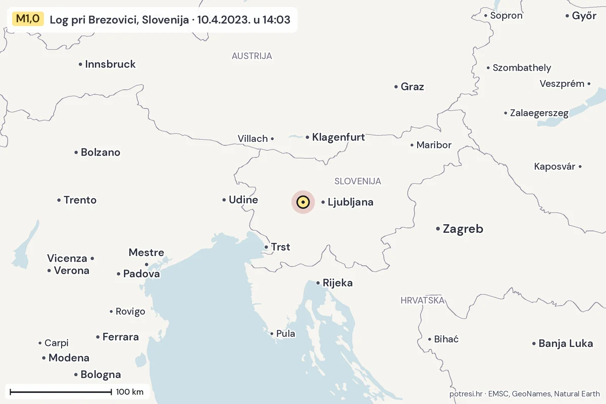 Karta: šire područje, 600 km, potres M1,0, Log pri Brezovici, Slovenija, 10.4.2023.