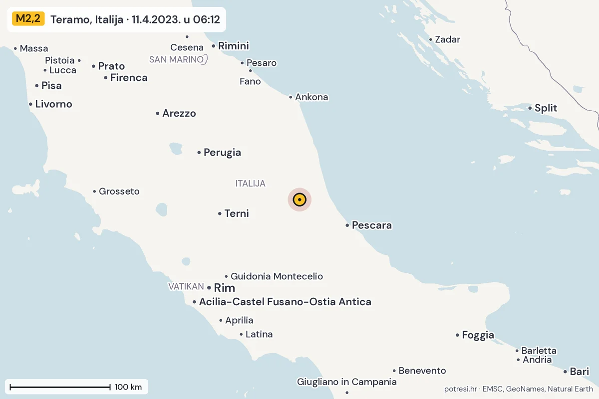 Karta: šire područje, 600 km, potres M2,2, Teramo, Italija, 11.4.2023.