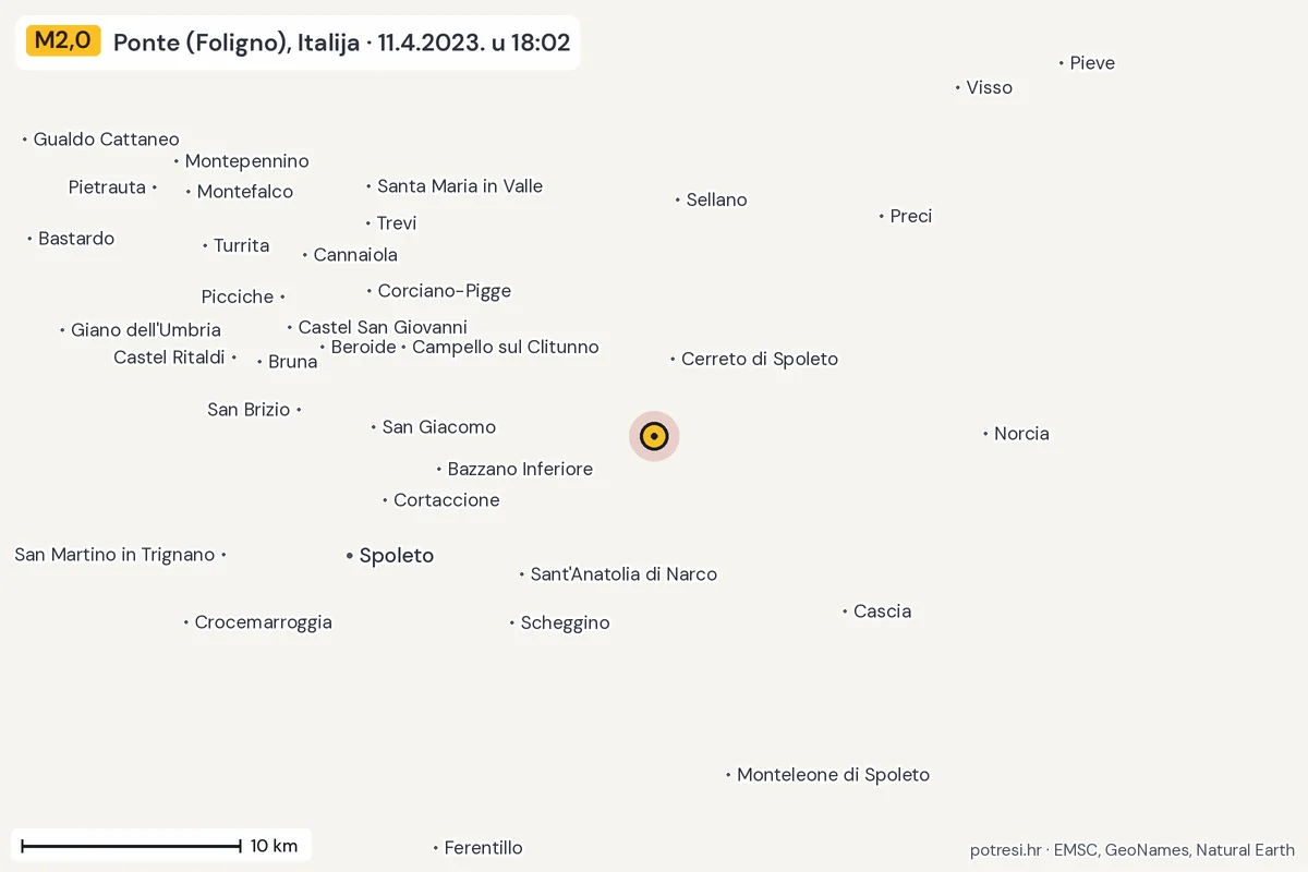Karta: okolica epicentra, 60 km, potres M2,0, Ponte (Foligno), Italija, 11.4.2023.