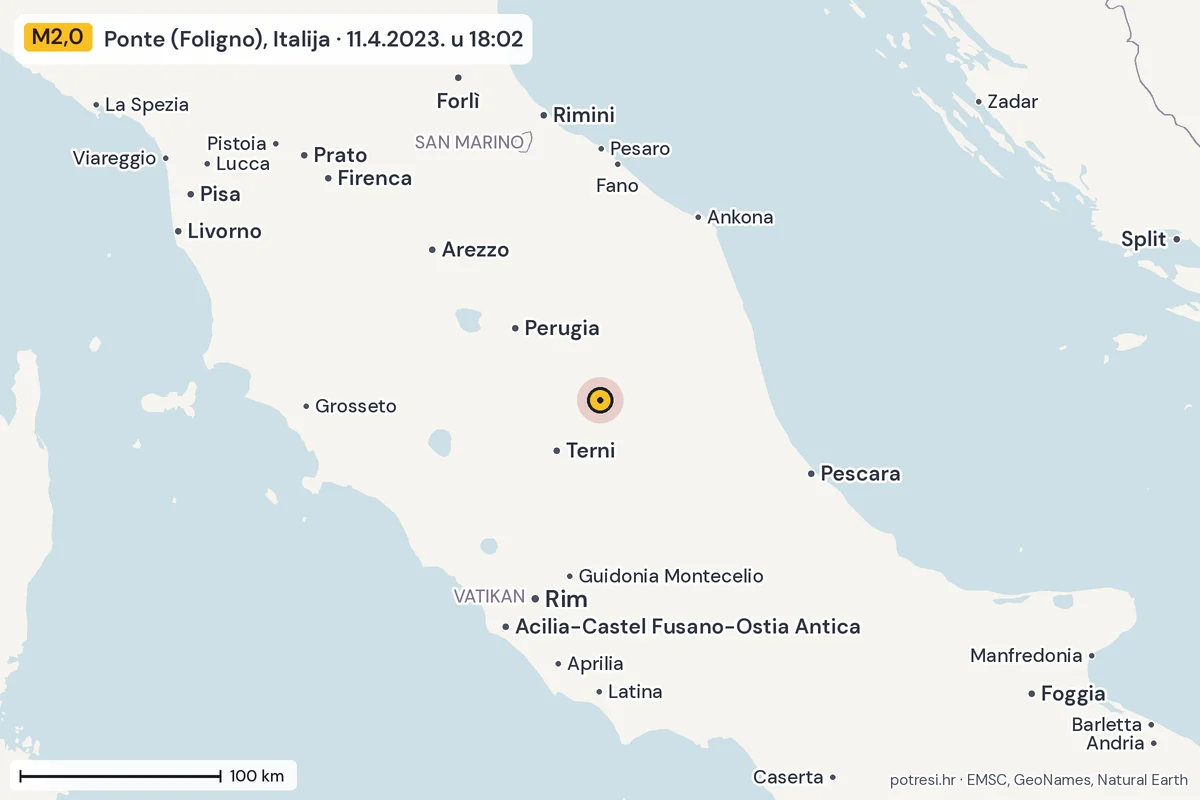 Karta: šire područje, 600 km, potres M2,0, Ponte (Foligno), Italija, 11.4.2023.