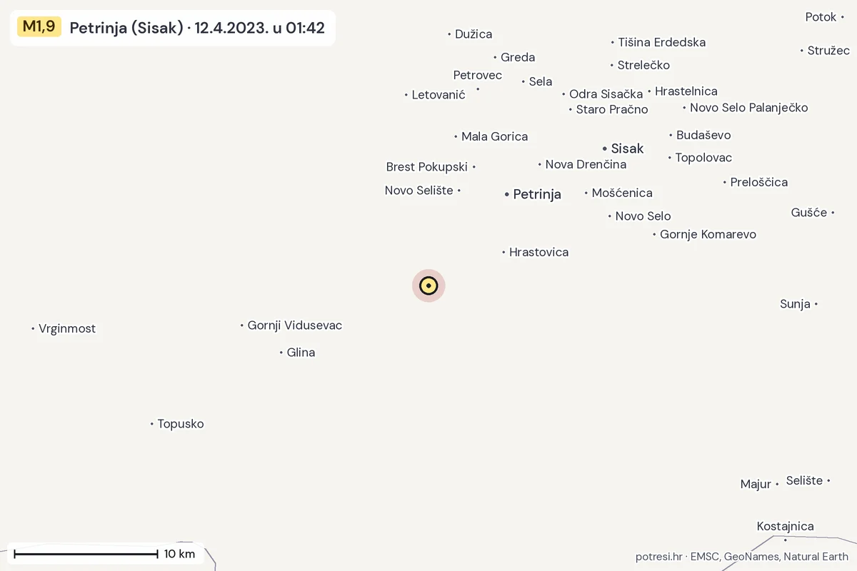 Karta: okolica epicentra, 60 km, potres M1,9, Petrinja (Sisak), 12.4.2023.