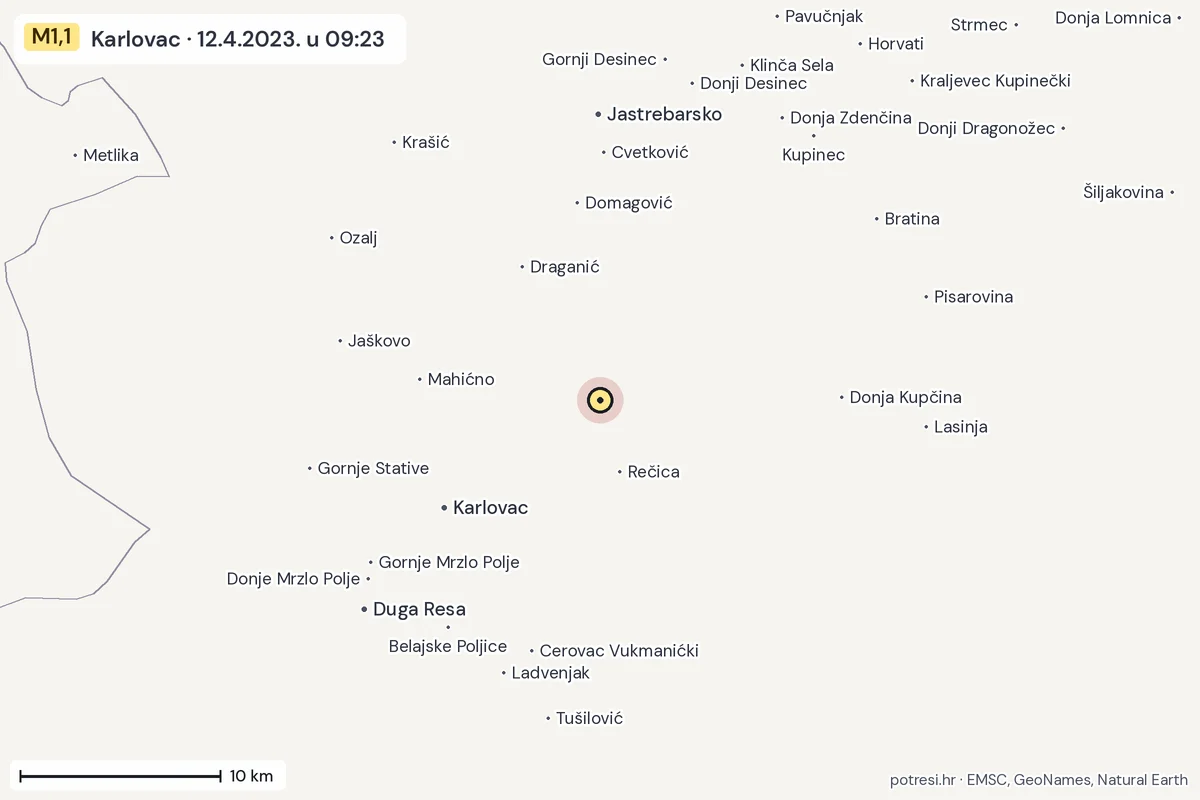 Karta: okolica epicentra, 60 km, potres M1,1, Karlovac, 12.4.2023.