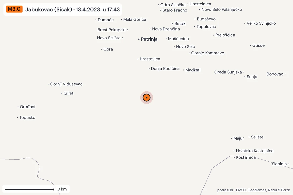 Karta: okolica epicentra, 60 km, potres M3,0, Jabukovac (Sisak), 13.4.2023.