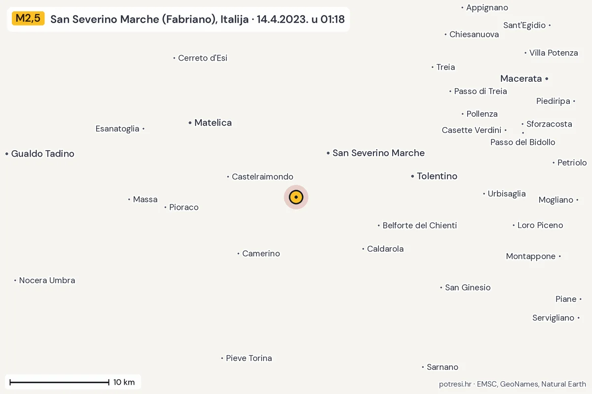 Karta: okolica epicentra, 60 km, potres M2,5, San Severino Marche (Fabriano), Italija, 14.4.2023.