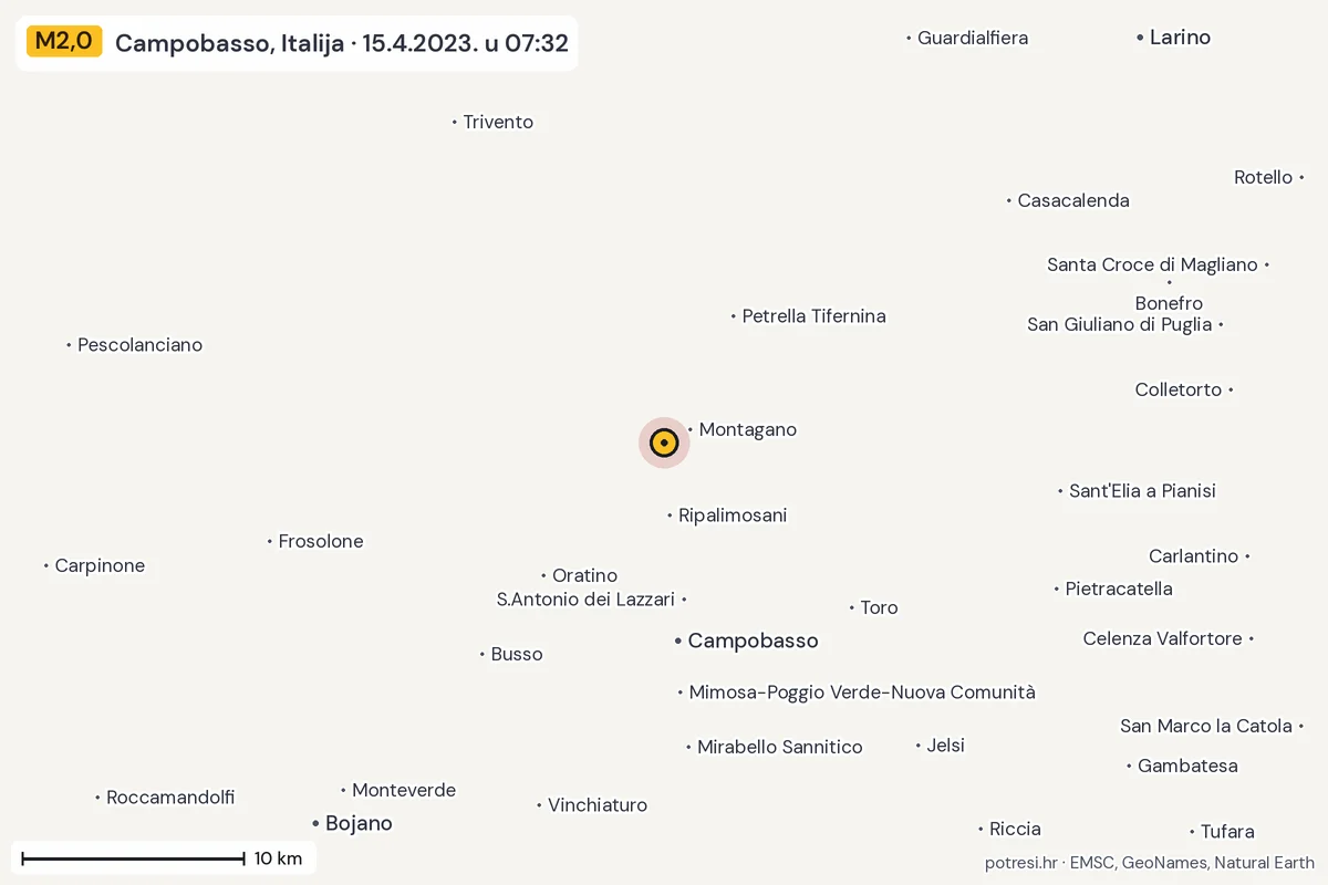 Karta: okolica epicentra, 60 km, potres M2,0, Campobasso, Italija, 15.4.2023.