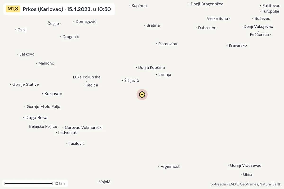 Karta: okolica epicentra, 60 km, potres M1,3, Prkos (Karlovac), 15.4.2023.