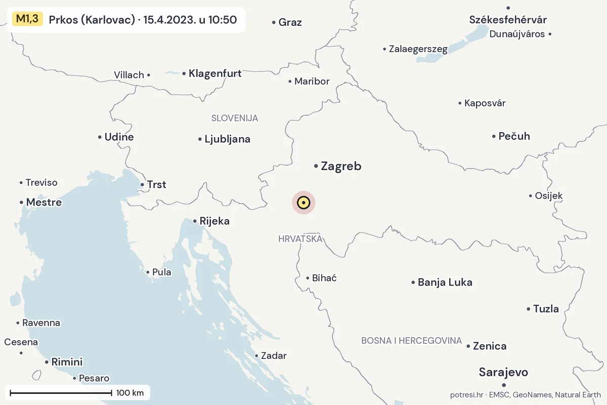 Karta: šire područje, 600 km, potres M1,3, Prkos (Karlovac), 15.4.2023.