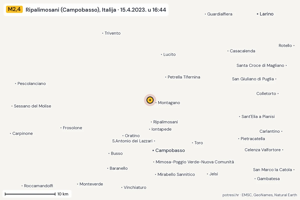 Karta: okolica epicentra, 60 km, potres M2,4, Ripalimosani (Campobasso), Italija, 15.4.2023.