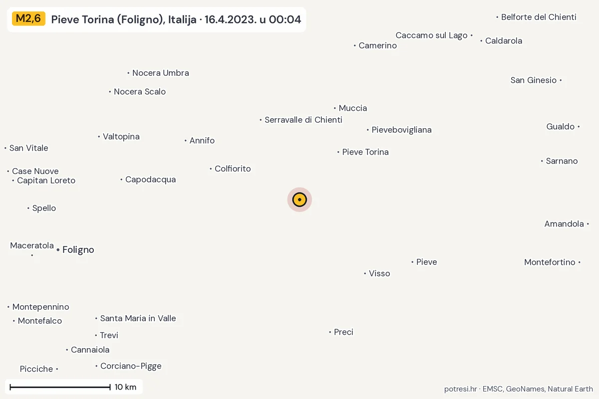 Karta: okolica epicentra, 60 km, potres M2,6, Pieve Torina (Foligno), Italija, 16.4.2023.