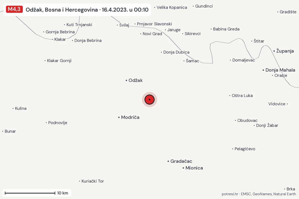 Karta: okolica epicentra, 60 km, potres M4,3, Odžak, Bosna i Hercegovina, 16.4.2023.