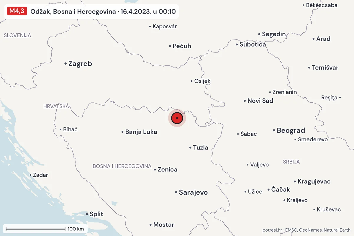 Karta: šire područje, 600 km, potres M4,3, Odžak, Bosna i Hercegovina, 16.4.2023.