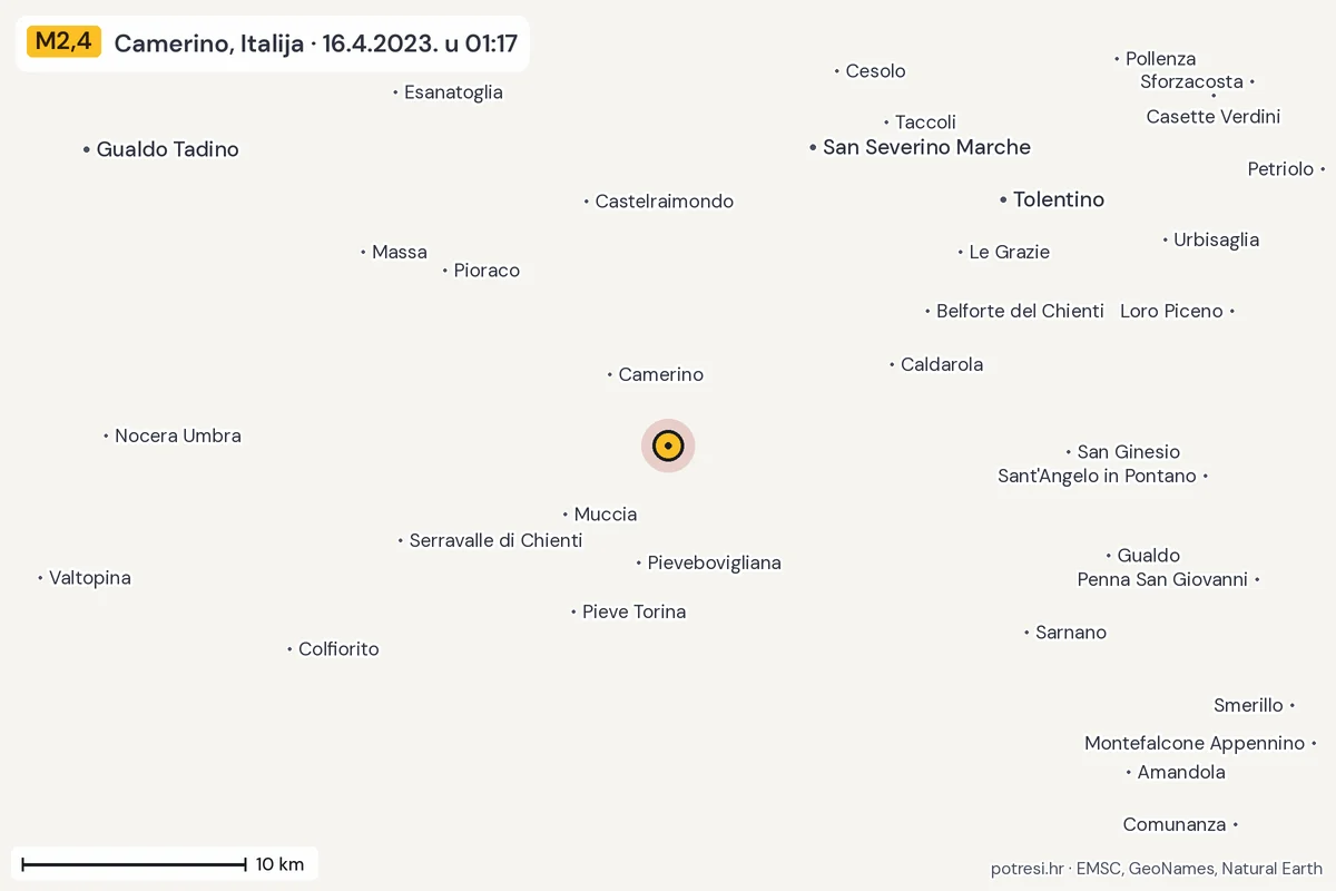Karta: okolica epicentra, 60 km, potres M2,4, Camerino, Italija, 16.4.2023.