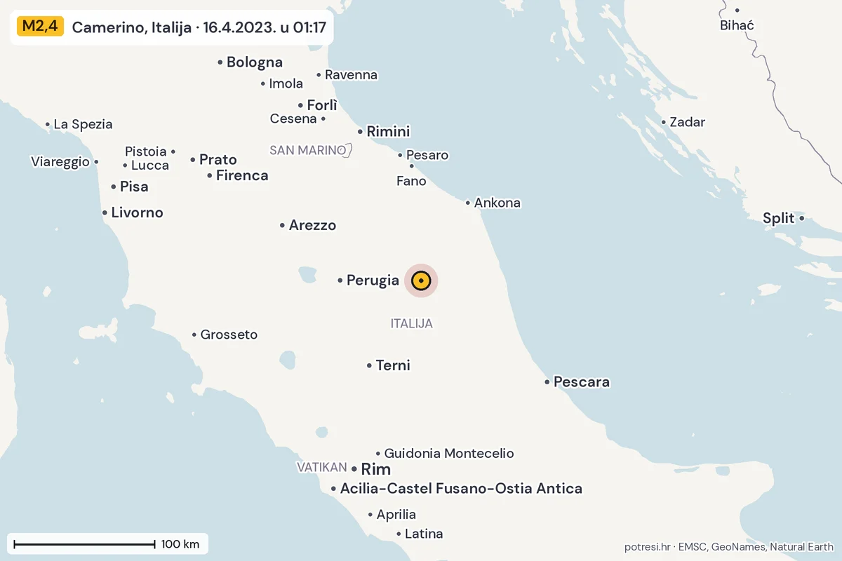 Karta: šire područje, 600 km, potres M2,4, Camerino, Italija, 16.4.2023.