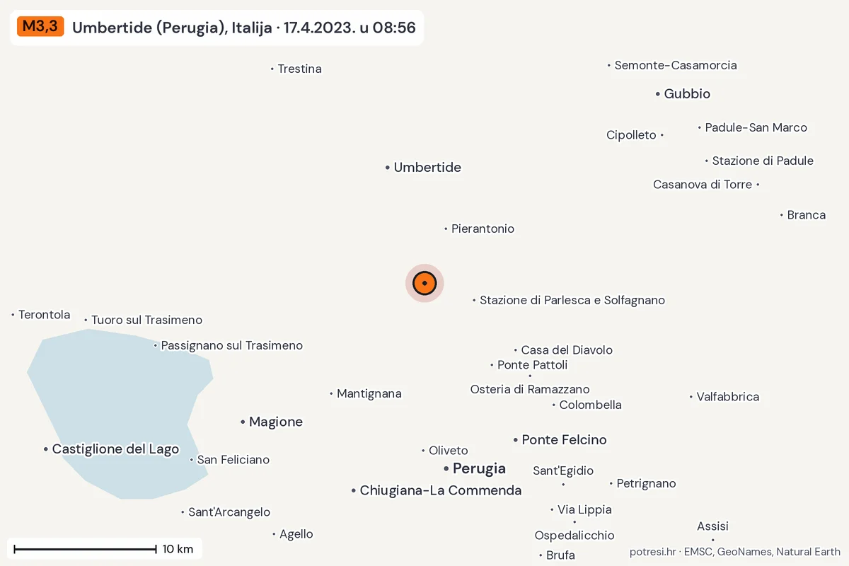 Karta: okolica epicentra, 60 km, potres M3,3, Umbertide (Perugia), Italija, 17.4.2023.