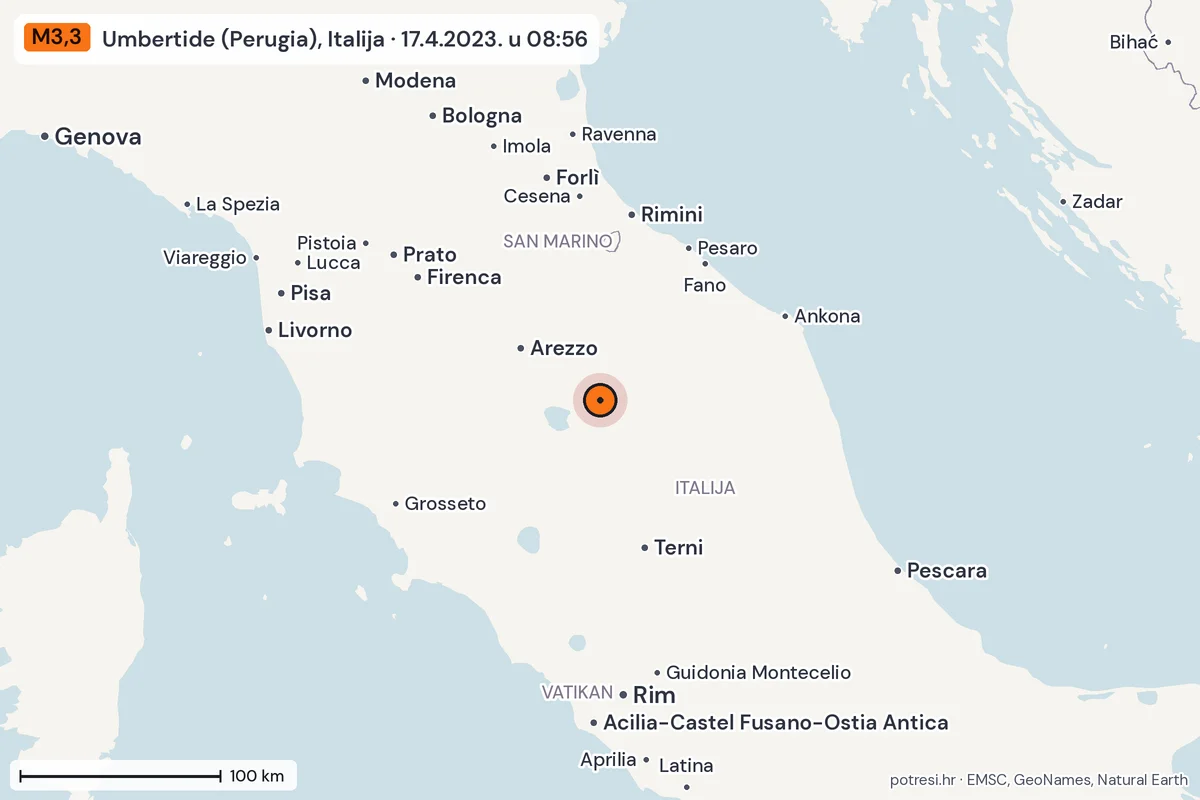 Karta: šire područje, 600 km, potres M3,3, Umbertide (Perugia), Italija, 17.4.2023.